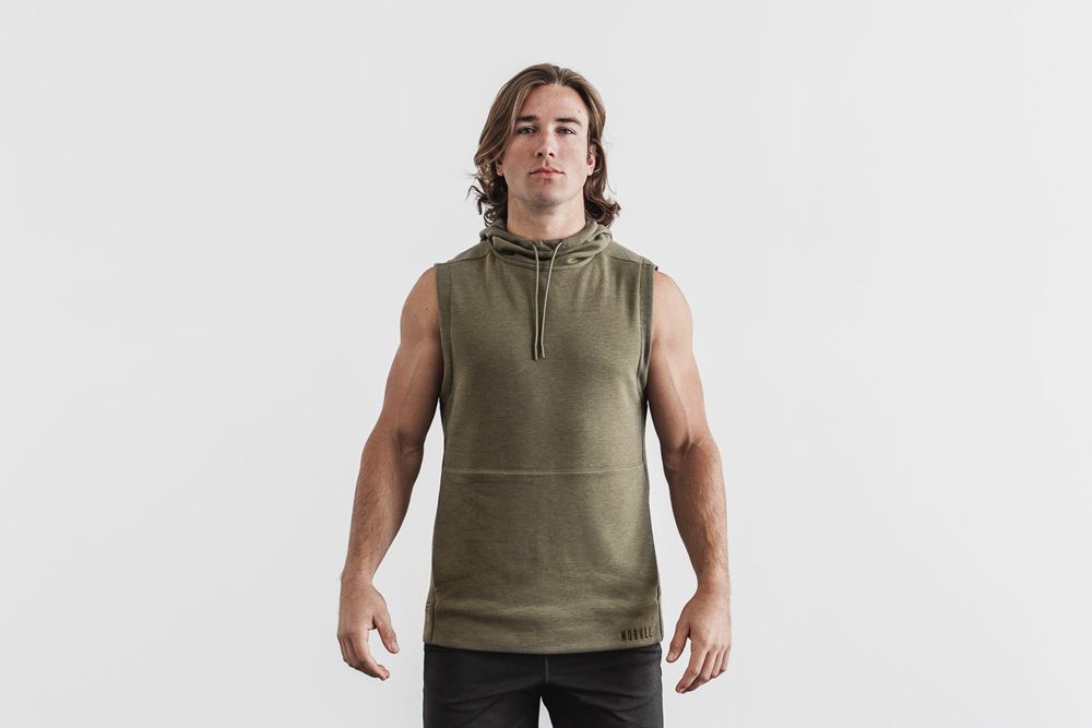 NOBULL Men's Microplush Sleeveless Hoodie - Army Green - Ireland (6148VDKAT)